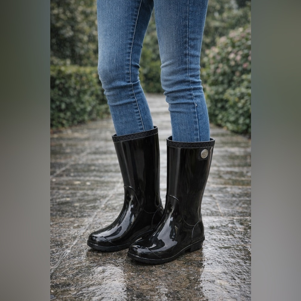 UGG Black Glossy Rain Boots Size 6 Waterproof Rubber Mid Calf